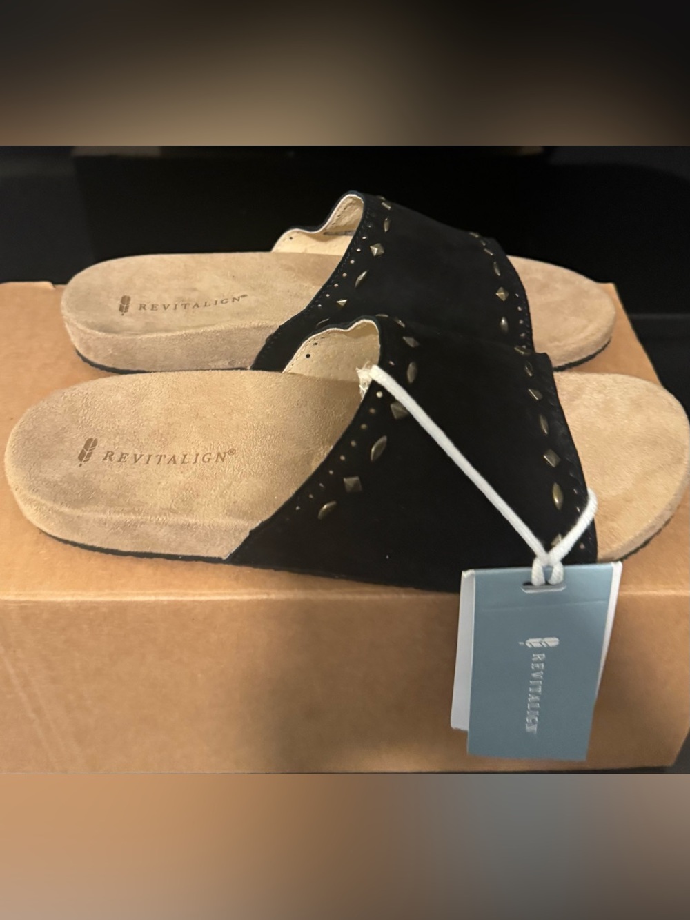 REVITALIGN Black Suede Slide Sandals with Stud Accents